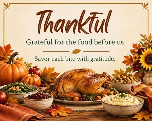 Thankful—grateful for the food before us; Savor each bite with gratitude—on a Thanksgiving table with roasted turkey, pumpkins, and fall decor.